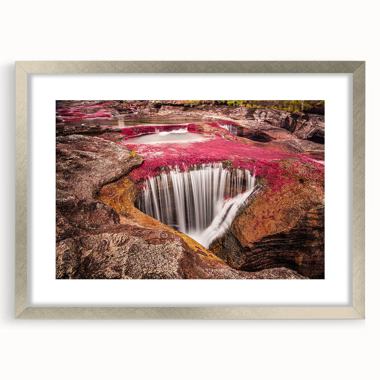 Textured abstract art print of a South American scenery in muted earth tones, framed in silver, ideal for bedroom art.