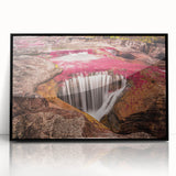 Large abstract wall art depicting a vibrant Colombian landscape in mid-century modernist style, framed in black acrylic.