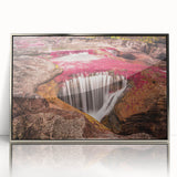 Mid-century modernist art depicting a vibrant Colombian landscape on a silver-framed acrylic print.