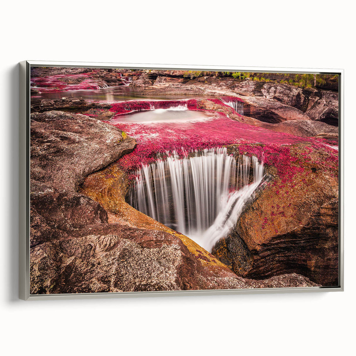 Framed canvas landscape art painting featuring a vintage-style Colombian scenery in vibrant, colorful tones.