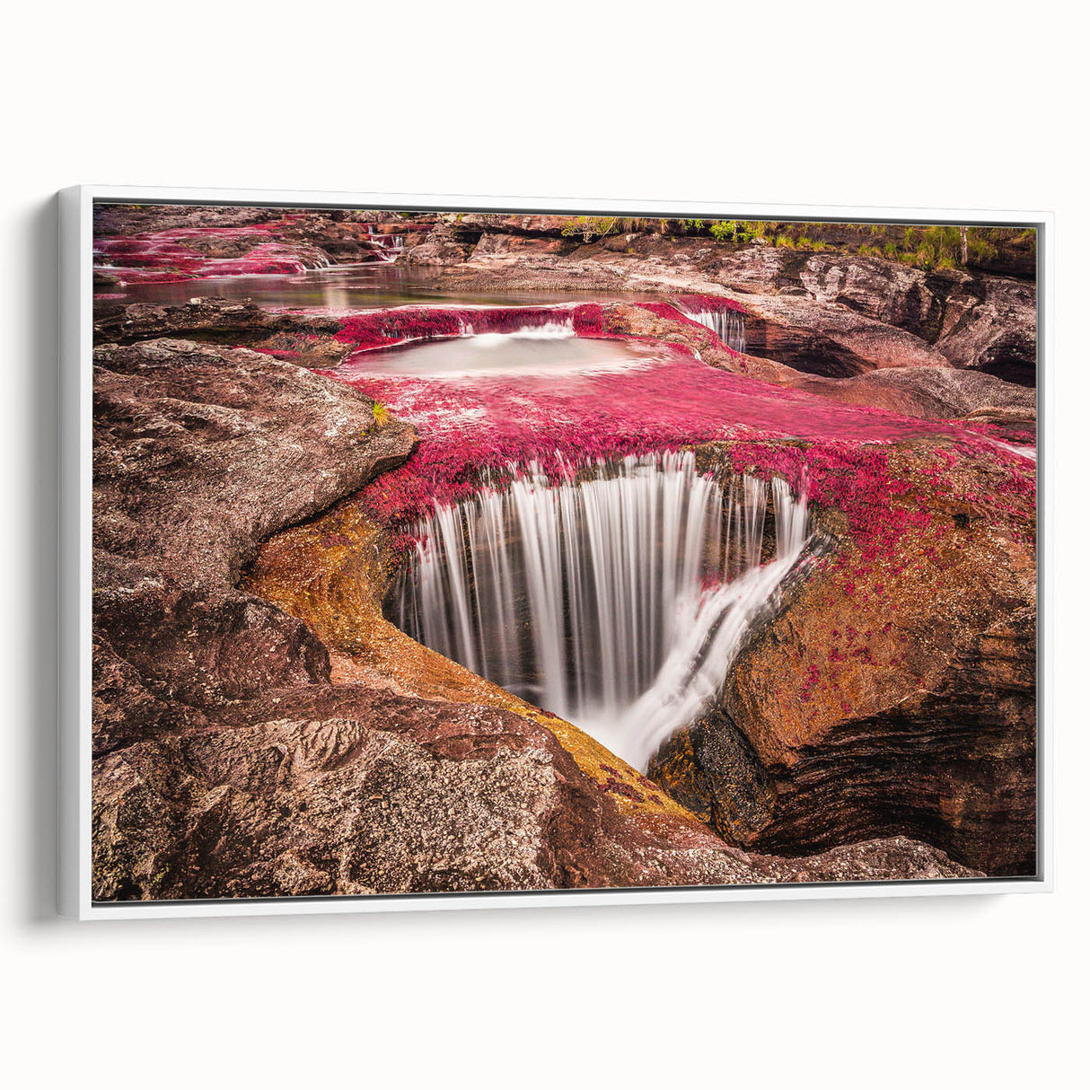 Vintage poster art of a colorful Colombian landscape on a large framed canvas, suitable for living room decor.