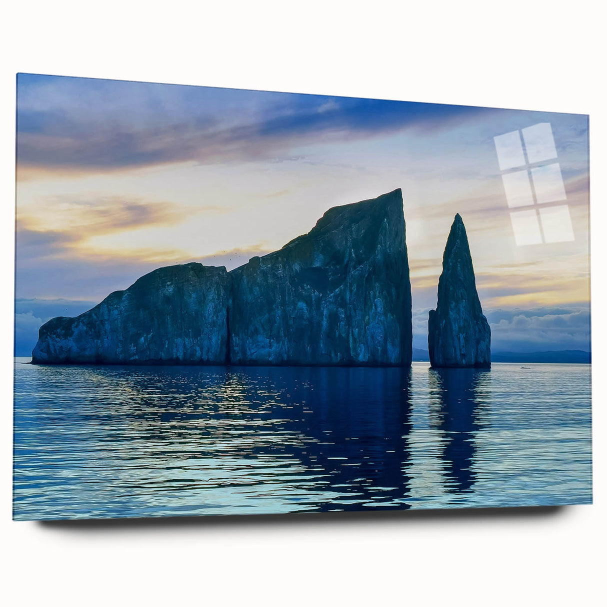 Acrylic print of a large abstract depiction of the Galapagos, in cool blue and green tones.