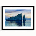 Extra large, colorful abstract art print of a textured Galapagos scenery, framed in black, ideal for living room decor.