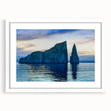 Abstract art print of Galapagos scenery in muted earth tones on a white framed canvas, suitable for dining room decor.