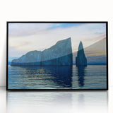 Large abstract wall art depicting a stylized Galapagos scenery in muted earth tones, framed in black acrylic.