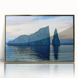 Mid-century modernist acrylic print of Galapagos scenery in muted earth tones, framed in gold, ideal for nursery wall art.