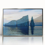 Mid-century modernist art depicting Galapagos scenery in muted earth tones on a silver-framed acrylic.