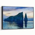 Black and white landscape art of the Galapagos Islands on framed canvas, suitable for bedroom decor.