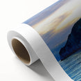 Art Deco poster of Galapagos scenery on rolled canvas, featuring cool blue and green tones, ideal for nursery wall art.