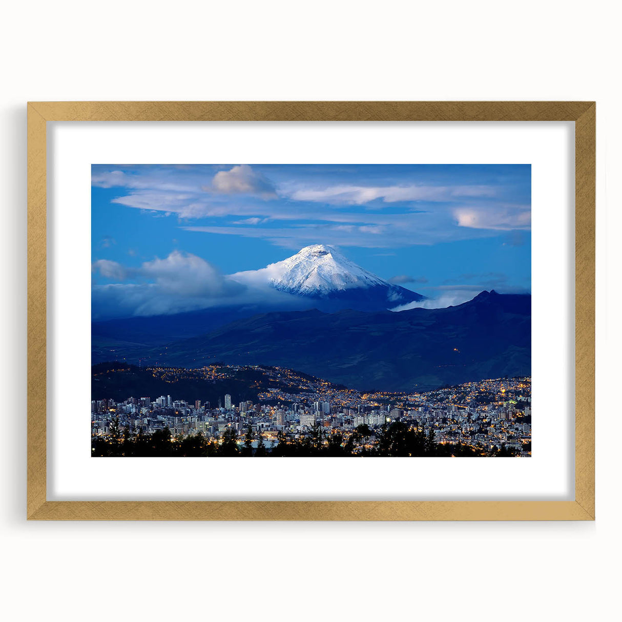 Extra large abstract art print of a textured South American scenery in muted earth tones, framed in gold.