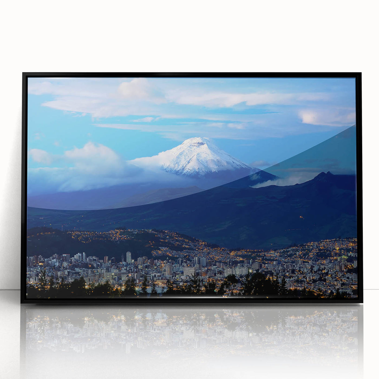 Large abstract wall art depicting a stylized South American landscape in muted earth tones, framed in black acrylic.