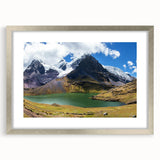 Textured art print of an abstract Peruvian landscape in earthy tones, framed in silver, ideal for bedroom decor.