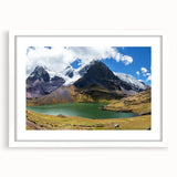 Abstract art print of a Peruvian landscape in muted earth tones on a framed white mat, ideal for dining room decor.