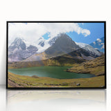 Large abstract wall art depicting a stylized South American landscape in muted earth tones, framed in black acrylic.