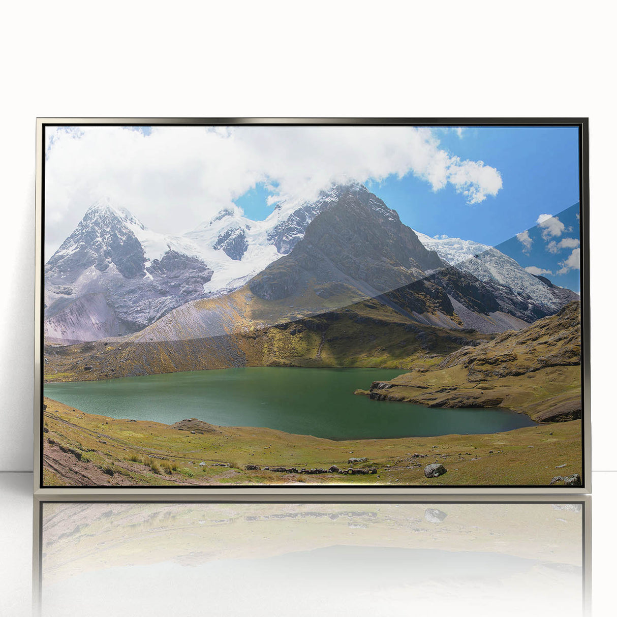 Framed acrylic print of a mid-century modernist Peruvian landscape in muted earth tones, suitable for modern art wall decor.