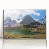 Art deco poster of a South American scenery in Peru, featuring muted earth tones on a white framed acrylic.