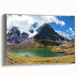 Framed canvas of a Peruvian landscape painting featuring colorful mountains and a black sky, ideal for living room decor.