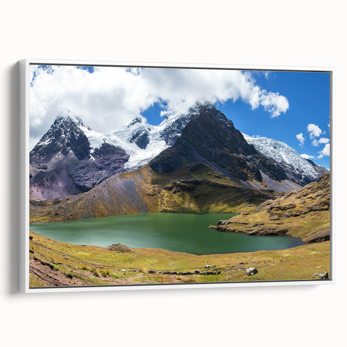 Vintage poster art of a Peruvian landscape on a large framed canvas, featuring vibrant colors against a black background.