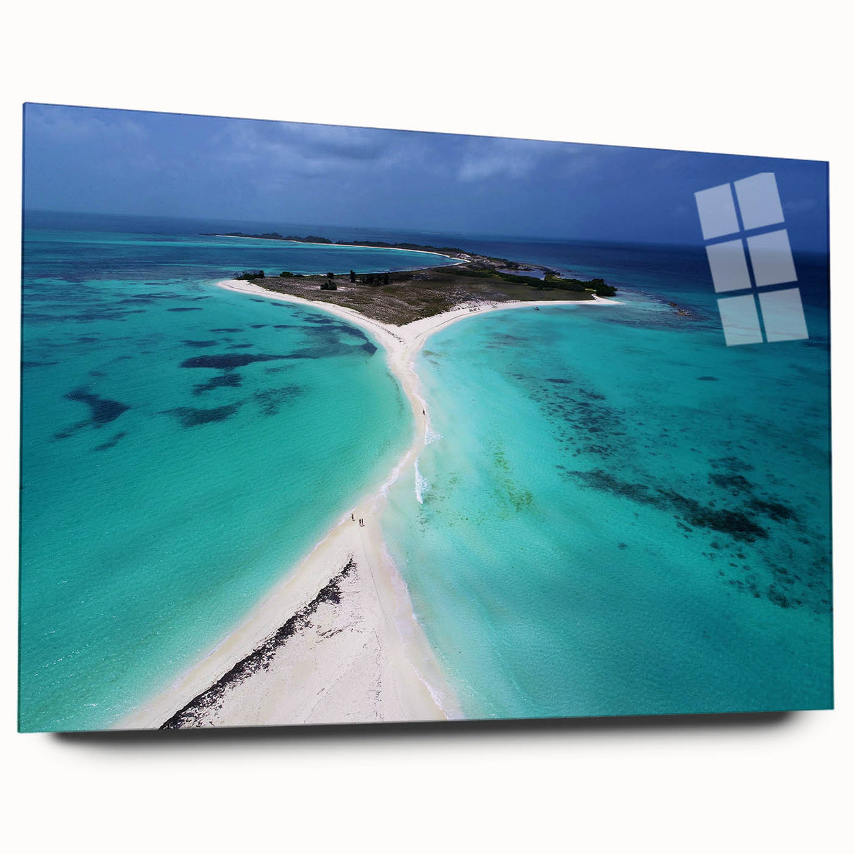 Large abstract wall art of Venezuelan scenery in vibrant greens and blues on acrylic glass.