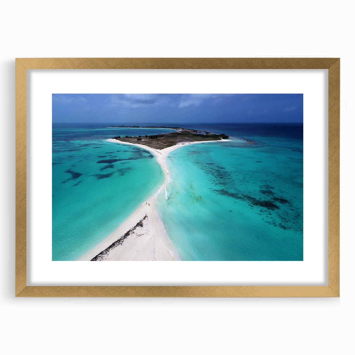 Extra large abstract art print of a Venezuelan landscape in textured gold frame, ideal for living room decor.
