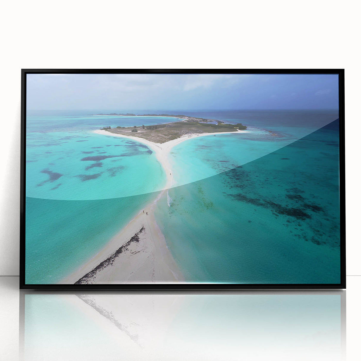 Large abstract wall art depicting a stylized South American landscape in vibrant colors on a black framed acrylic print.