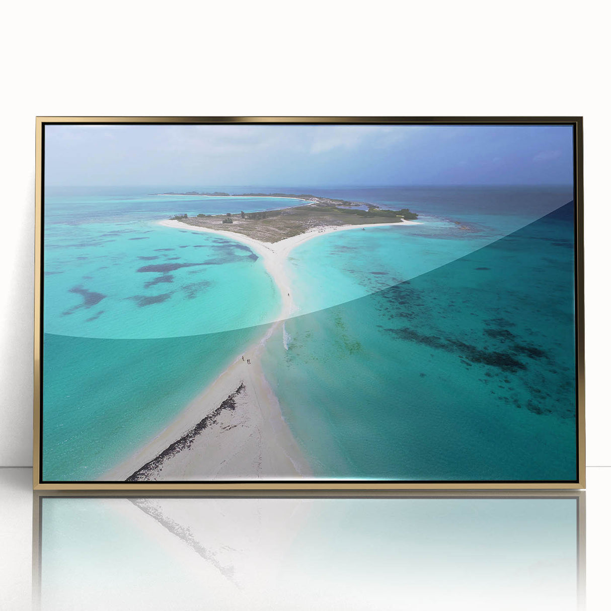 Large art print of a Venezuelan landscape in muted green and brown tones, framed in gold acrylic.