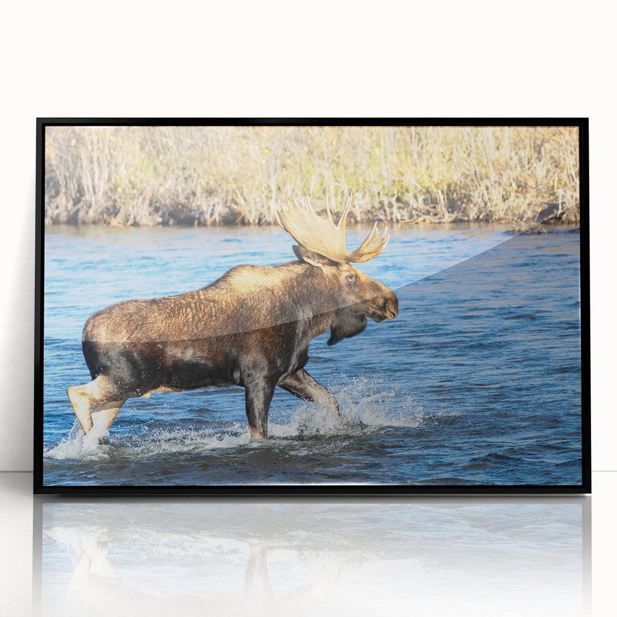 Mid-century modernist art of Denali, Alaska in muted earth tones on a framed acrylic, ideal for modern art wall decor.