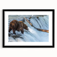 Abstract art print of Alaskan scenery in vibrant colors on textured canvas, framed in black, ideal for living room decor.