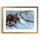 Abstract art print depicting a textured Alaskan landscape in muted earth tones, framed in gold, ideal for living room decor.