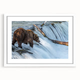 Abstract art print of Alaskan scenery in muted blue and gray tones on a white matted frame.