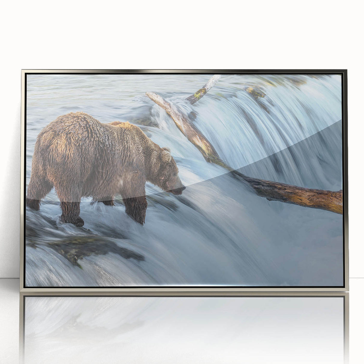 Mid-century modernist art depicting Alaska scenery in muted earth tones on a framed acrylic panel.