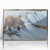 Mid-century modernist art depicting Alaska scenery in muted earth tones on a framed acrylic panel.