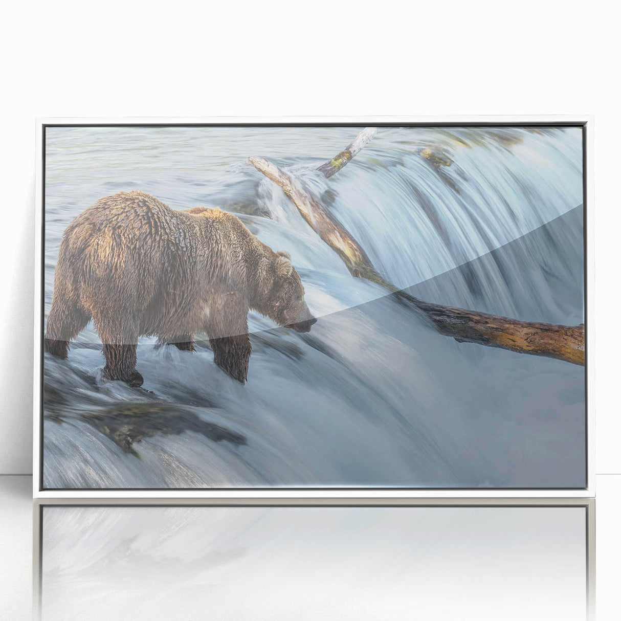 Acrylic print of a serene Alaskan landscape in muted blue and white tones, ideal for modern nursery wall art.