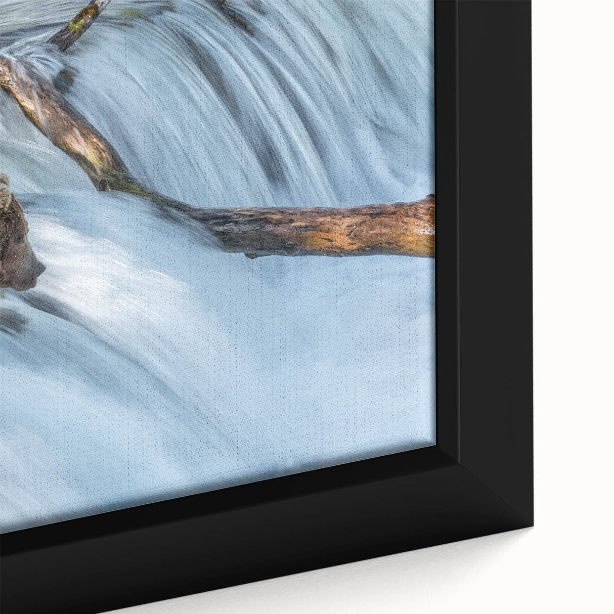 Close-up of a textured, extra-large framed canvas depicting a serene Alaskan landscape in black with colorful accents.