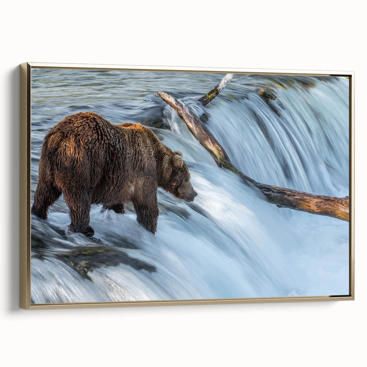 Framed canvas featuring a vintage-style Alaskan landscape in muted gold and black tones, suitable for bedroom decor.