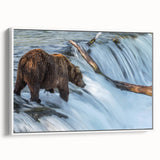 Vintage poster art of an Alaskan landscape on a framed canvas, featuring muted earth tones, ideal for living room decor.