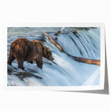 Scenic Alaskan landscape on rolled canvas, featuring serene lake and mountains in muted blues and greens.