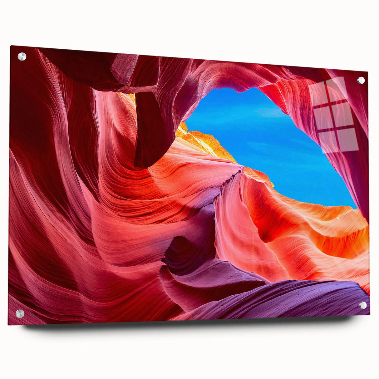 Large abstract wall art of Arizona's Antelope Canyon in vibrant orange and red hues on acrylic glass.