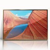 Large acrylic print of Arizona's Coyote Buttes in earth tones, framed in gold, suitable for modern art wall decor.