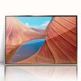 Mid-century modernist art of Arizona's Coyote Buttes in acrylic frame, showcasing earthy tones.