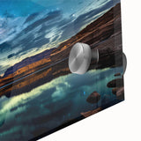 Mid-century modernist large abstract art print of Lake Powell on acrylic glass, featuring earth tones.