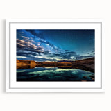 Abstract art print of Lake Powell in muted blue and gray tones on a framed white mat, ideal for dining room decor.