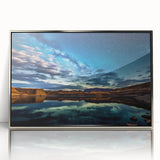 Framed acrylic print of Lake Powell with mid-century modernist style, featuring muted earth tones.