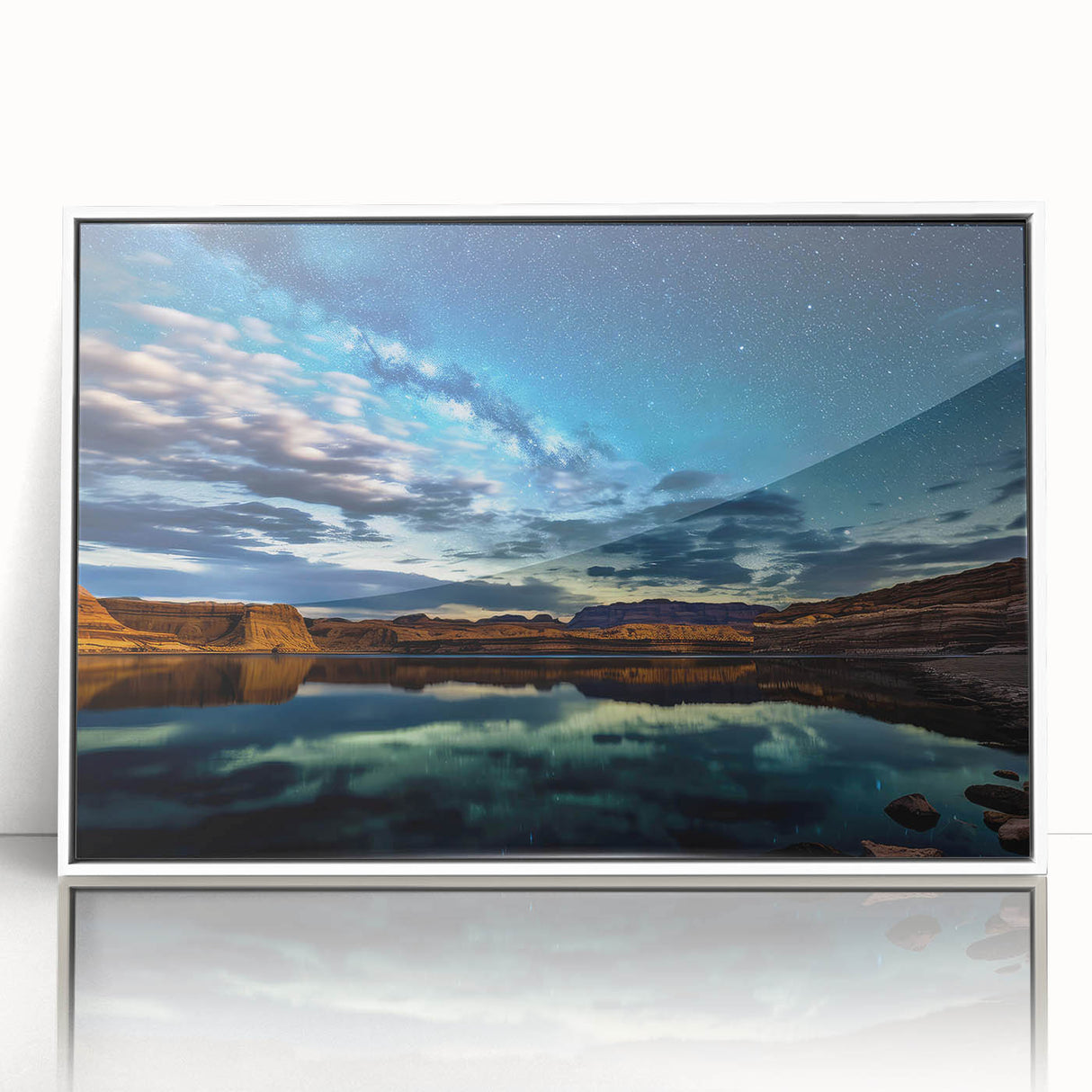 Framed acrylic print of Lake Powell with soft blue and gray tones, ideal for modern art wall decor.