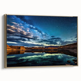 Framed canvas featuring a Lake Powell landscape with gold accents and black border, ideal for bedroom wall art.