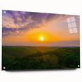 Acrylic glass wall art featuring a serene Arkansas landscape in muted green and blue tones.