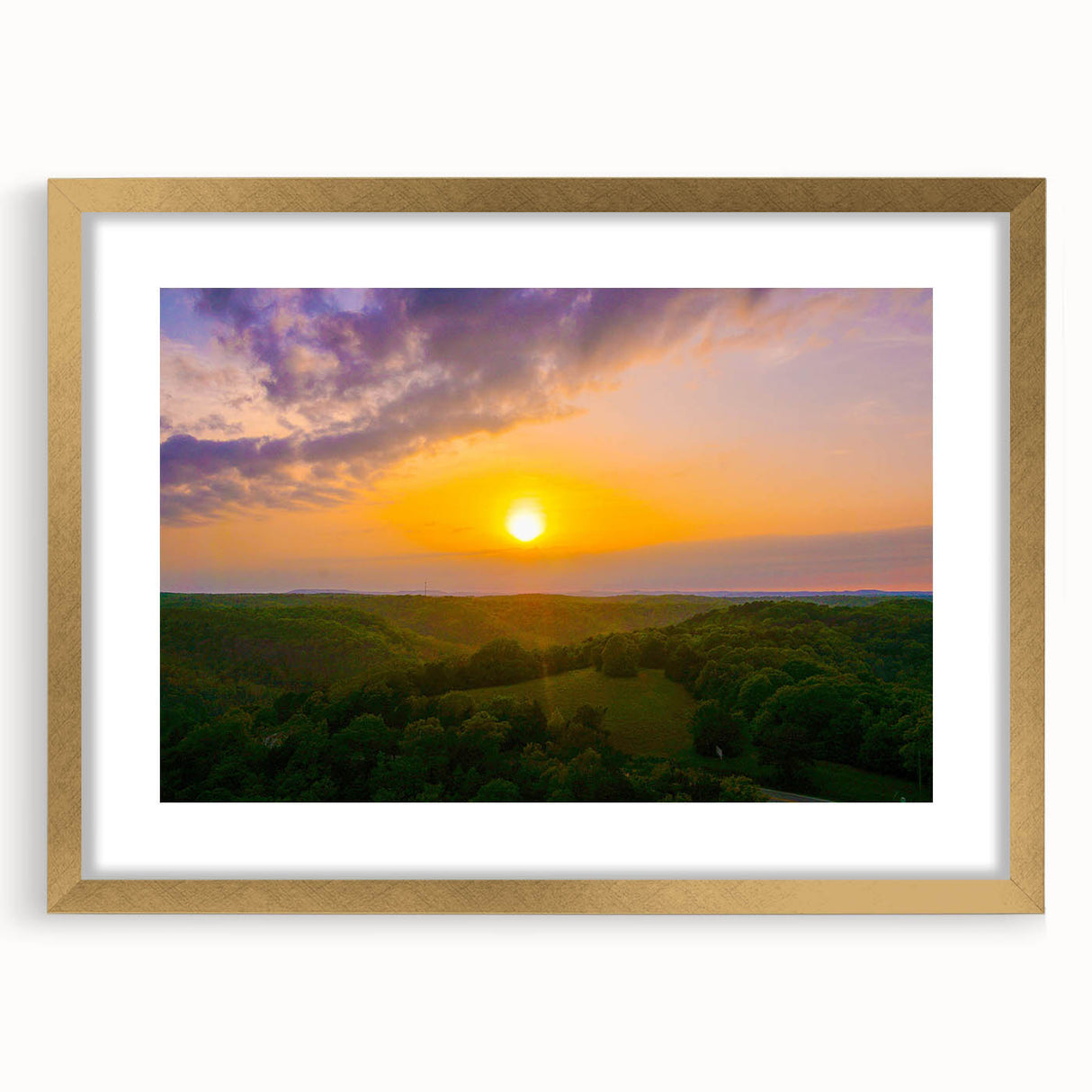 Extra large abstract art print depicting a textured Arkansas scenery in muted earth tones, framed in gold.