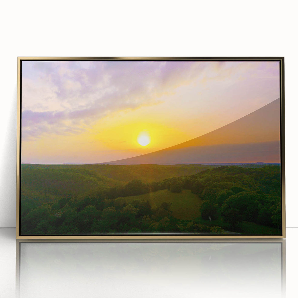 Framed acrylic print of a serene Arkansas landscape in soft green and blue tones, ideal for modern nursery wall art.