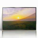 Mid-century modernist art of Arkansas scenery on silver-framed acrylic, featuring subdued earth tones.