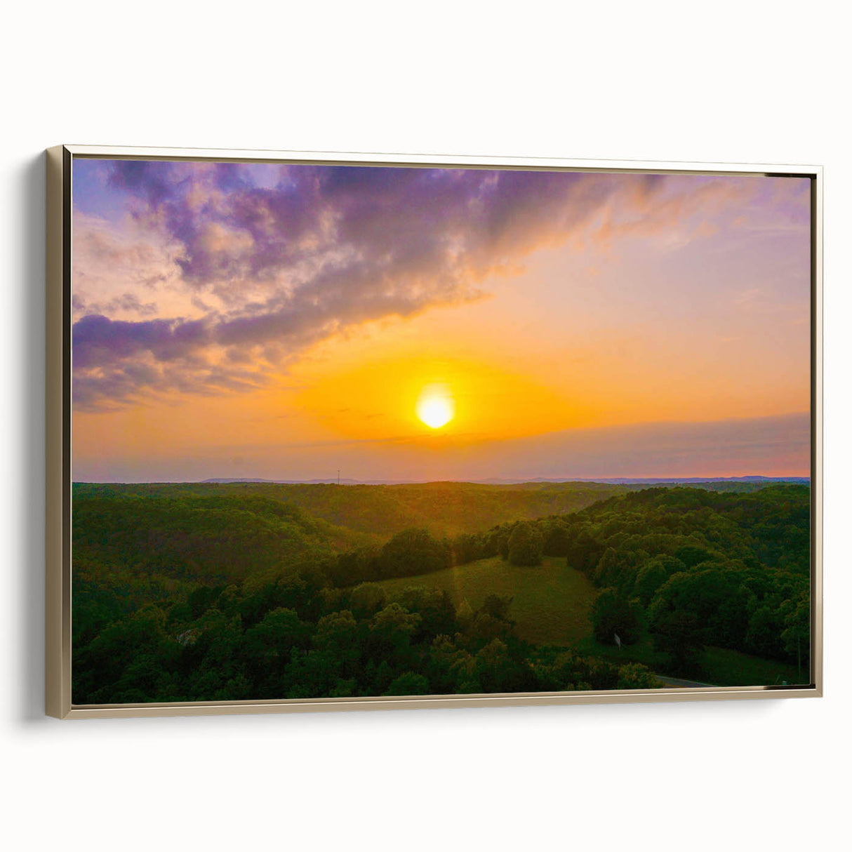 Framed canvas featuring a vintage-style landscape painting of Arkansas scenery in black and gold tones.